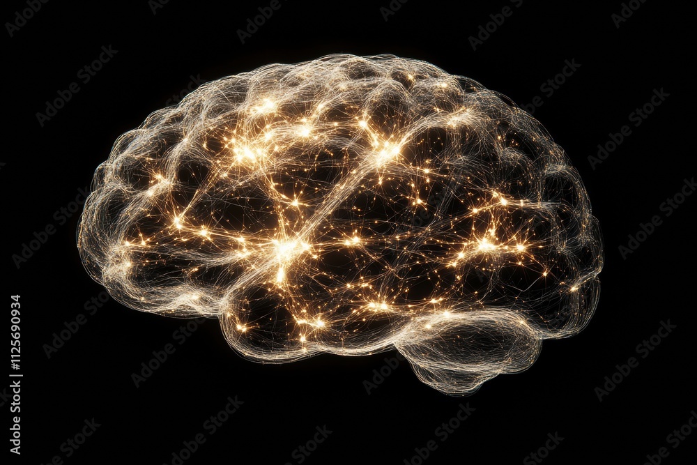 Poster Glowing neural networks and synapses form an abstract representation of the human brain, showcasing intricate connections in a dark void. Generative AI