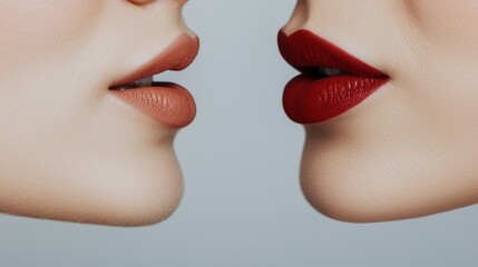 Obraz premium Narcissist and ego personality, Two sets of lips, one nude and one red, positioned close together, creating an intimate and artistic focus on beauty and makeup.