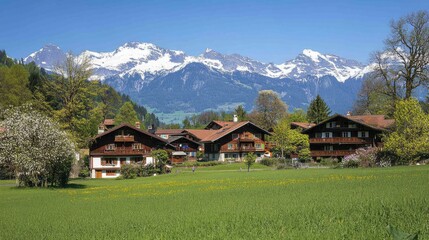 Idyllic Swiss village with wooden chalets, green fields, and snow-capped mountains under a clear blue sky.