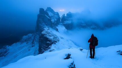 A lone male hiker in red stands amidst snowy mountains under a misty blue sky.