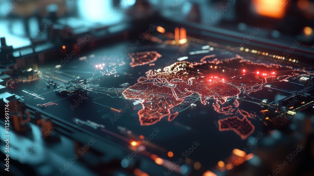 Poster dynamic global network visualization digital interface interactive map high-tech environment aerial 
