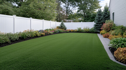 A picturesque view of a residential backyard featuring a freshly mowed lawn