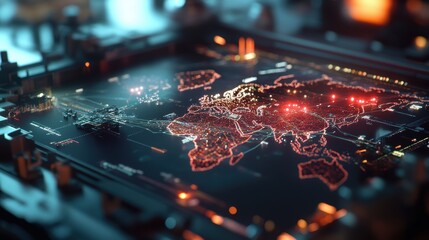 Dynamic global network visualization digital interface interactive map high-tech environment aerial perspective data representation