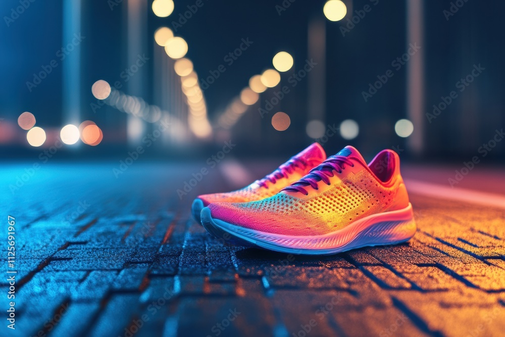 Poster Brightly colored running shoes rest on a track, illuminated by soft ambient lights during a night session, inviting leisurely or competitive running. Generative AI
