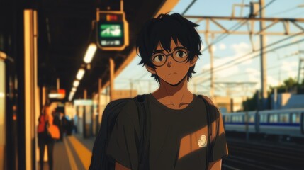 Naklejka premium illustration in anime style a young guy with black hair wearing glasses stands at the station in the evening