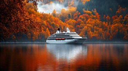 Naklejka premium A majestic cruise ship surrounded by vibrant autumn foliage in tranquil waters.