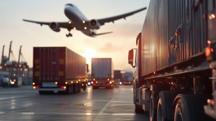 Fototapeta na wymiar Freight trucks transporting cargo under airplane takeoff at sunset airport industrial scene urban environment aerial view for logistics