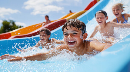 A dynamic moment of children sliding down a vibrant waterslide