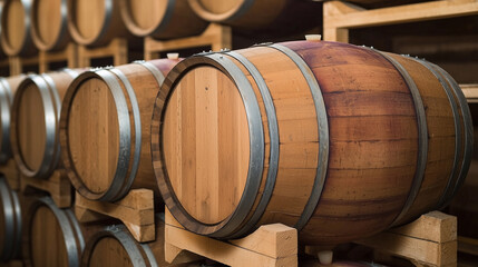 A collection of stacked brown wooden barrels in a dimly lit wine cellar