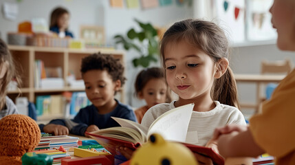 A vibrant scene of kindergarten children attentively listening to a story