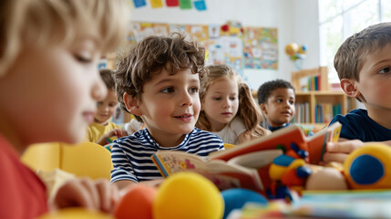 A vibrant scene of kindergarten children attentively listening to a story