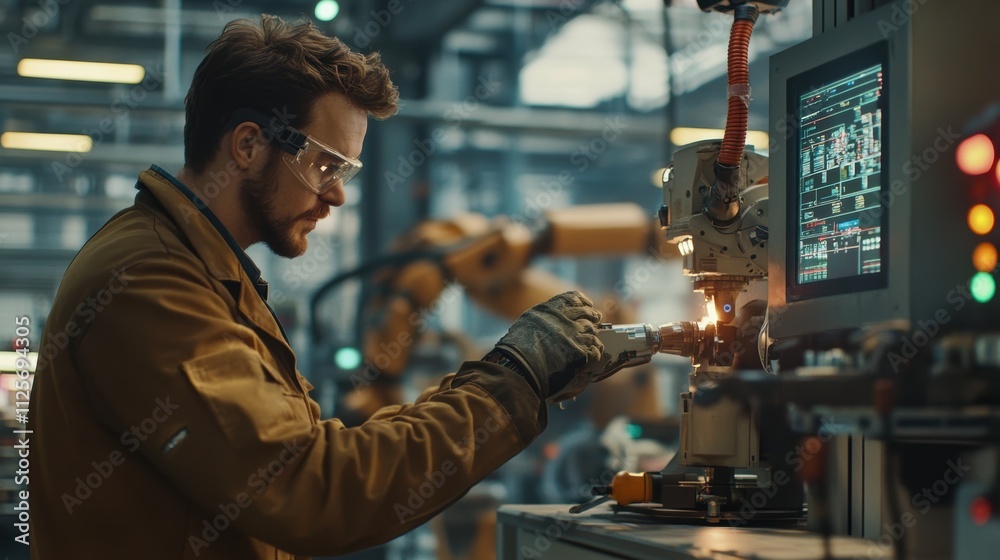 Poster robotic arm operation industrial workshop technology insights manufacturing environment close-up vie
