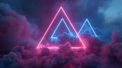Two neon triangle light frames glowing over a cloudy, dark landscape.
