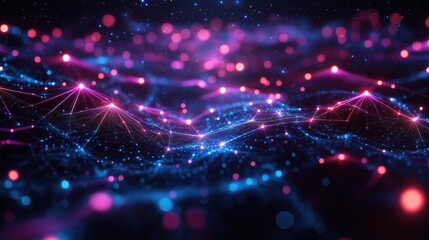 Obraz premium Futuristic neon digital network: abstract glowing nodes & lines in dark space