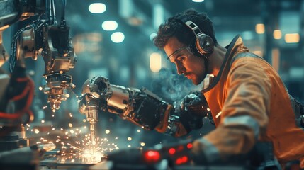 Robotic welding action in industrial setting factory workshop technology showcase modern environment close-up view innovation concept