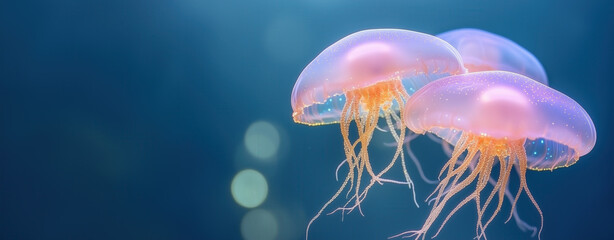 Fototapeta premium Graceful pink jellyfish float in tranquil ocean depths