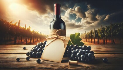 Botella de champagne elegante con uvas frescas y adornos navideños en un ambiente cálido y acogedor, con una nota blanca lista para personalizar, ideal para celebraciones festivas.