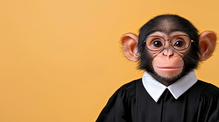 Obraz premium Chimpanzee in academic robe and glasses against yellow background