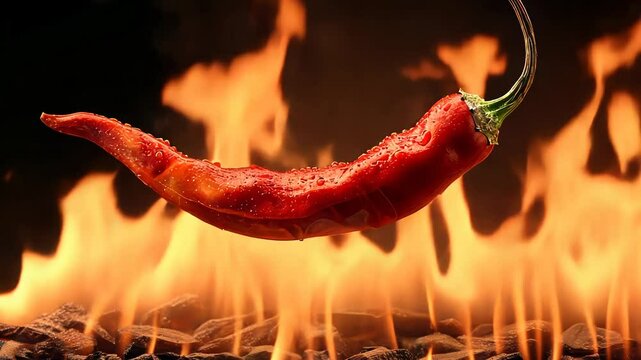 Red chili pepper with flames in the background, spicy food and heat concept