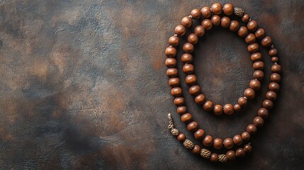 Fototapeta premium Serene Wooden Prayer Beads on Textured Brown Surface