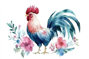Fototapeta premium Watercolor Rooster Amidst Delicate Floral Arrangement