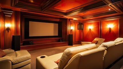 Luxurious home theater with plush seating, large screen, and rich wood paneling.