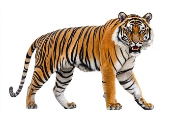 Obraz premium Majestic Bengal Tiger Walking Isolated On White Background