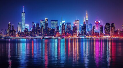 Obraz premium Vibrant Night City Skyline with Glowing Lights and Reflections