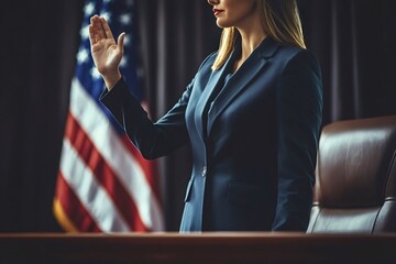 Female politician raising her right hand and taking oath of office with american flag in background, concept of politics, government and elections
