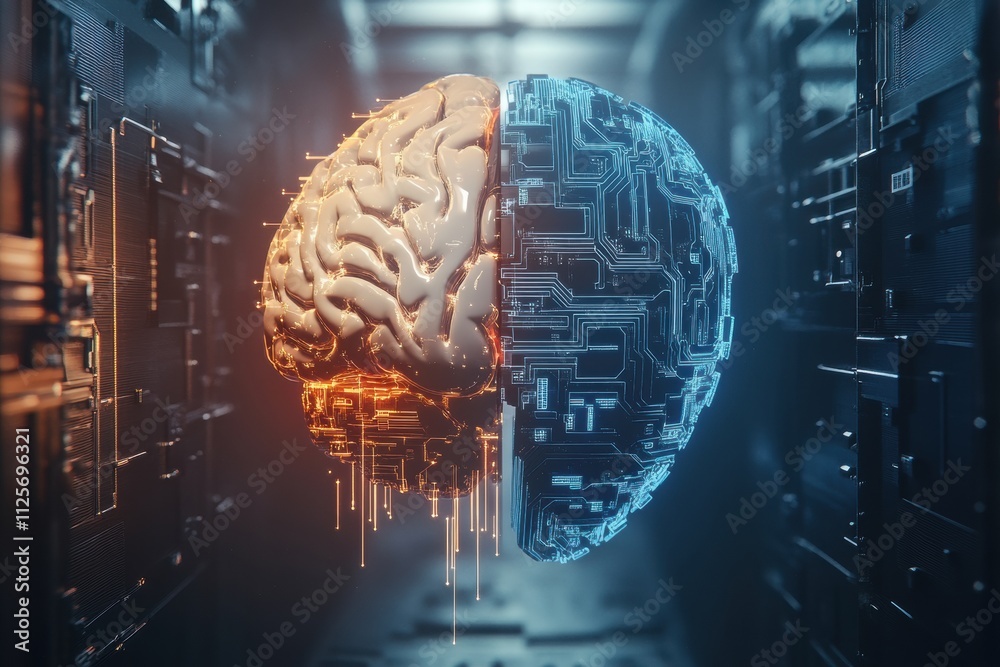 Aufkleber an advanced digital brain integrates with ai components, showcasing circuits, chips, and holographic