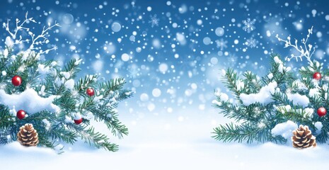 Christmas background with snow and pine branches, blue bokeh lights Winter holiday decoration Christmas card design template Generative AI