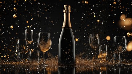A champagne bottle bursts open, showering sparkling bubbles around elegant glasses, perfect for a joyful celebration or special event. Generative AI
