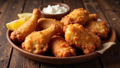 Fototapeta premium Crispy fried chicken drumsticks with cheese and lemon wedges on rustic wooden table