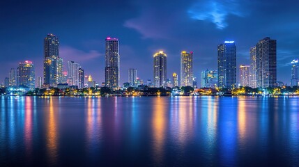 Naklejka premium Stunning Glowing City Skyline at Dusk with Reflections in Water