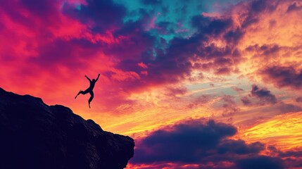 A silhouette of a person leaping from a rocky edge against a vibrant sunset sky.