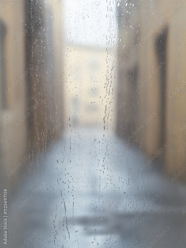 Poster Raindrops trickle down a window while an empty street fades into the background, providing space for added text or messages. Generative AI