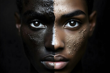 Black and White Portrait: A striking portrait of a woman with half her face painted black and the other half white. The contrast creates a powerful visual statement. 