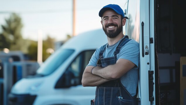 Un homme barbu souriant, v&ecirc;tu d'une salopette et d'une casquette, les bras crois&eacute;s, se tenant debout &agrave; c&ocirc;t&eacute; de la porte ouverte d'une camionnette blanche.