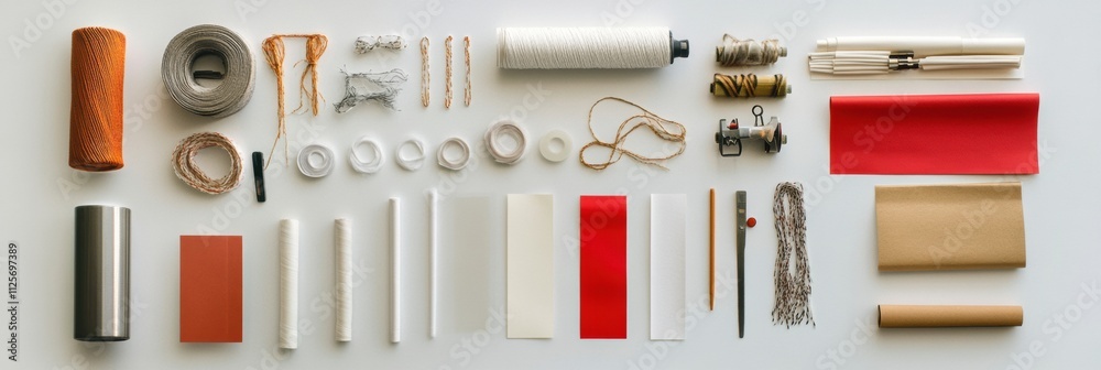 Aufkleber gift wrapping materials are neatly organized with various papers, ribbons, and strings, providing am