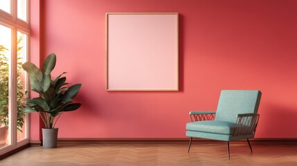 illustration of mock-up wall decor frame is hanging in cozy modern colorful pastel tone color living room with comfort armchair