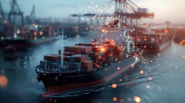 Container ship navigating port waters dynamic cargo transport urban industry aerial view maritime logistics