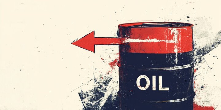 Stylized grunge artwork depicting an oil barrel with a red arrow pointing left, suggesting a decrease or decline in oil production or prices.