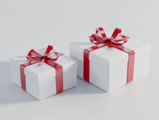 Two White Gift Boxes with Red Ribbons and Bows on Light Background.Gratitude. elegance. thoughtful giving. product branding, holiday catalog, gift guide, festive flyer, elegant packaging template.