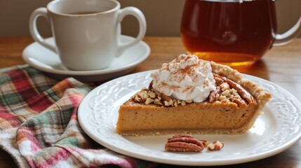 Slice of Walnut Pie with Whipped Cream on a Plate and Coffee Cup.Comfort. indulgence. taste of the season.Food blog, menu design, holiday recipe, magazine layout, cozy branding.