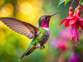 Hummingbird Kissing Fuchsia: Candid Flight Photography, Nature's Embrace, Vibrant Blooms, Wildlife, Bird Photography