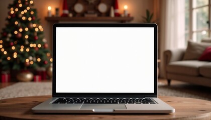 Laptop with blank screen in a cozy room with Christmas decorations.Rest. Reflection. The joy of home.Mockups, festive templates, workspace inspiration, product photography, lifestyle visuals.


