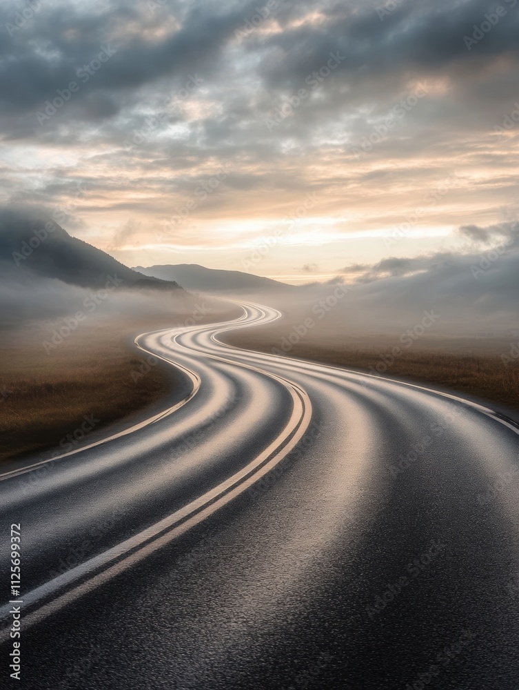 Fototapete a smooth curved track extends into the distance, surrounded by misty hills and an early morning sky 