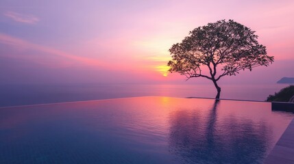 Serene Sunset Over Calm Waters and Tree