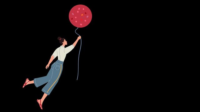 2D woman gracefully floating in mid-air, holding onto a string tied to a red balloon decorated with colorful confetti-like patterns on a transparent alpha channel.