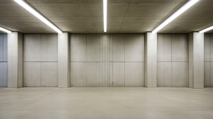 large cement room with illuminated overhead lights and smooth walls creates modern, minimalist atmosphere
